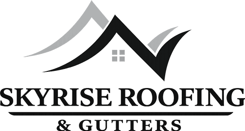 Skyrise Roofing & Gutters company logo featuring stylized rooftops and a house window.