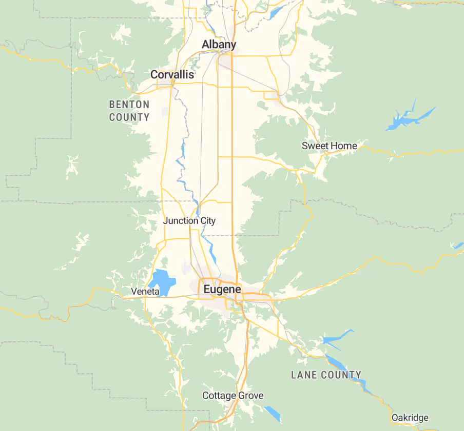 Map showing Eugene and nearby cities including Albany, Corvallis, Sweet Home, Veneta, Junction City, Cottage Grove, and Oakridge in Oregon, highlighting Benton County and Lane County.