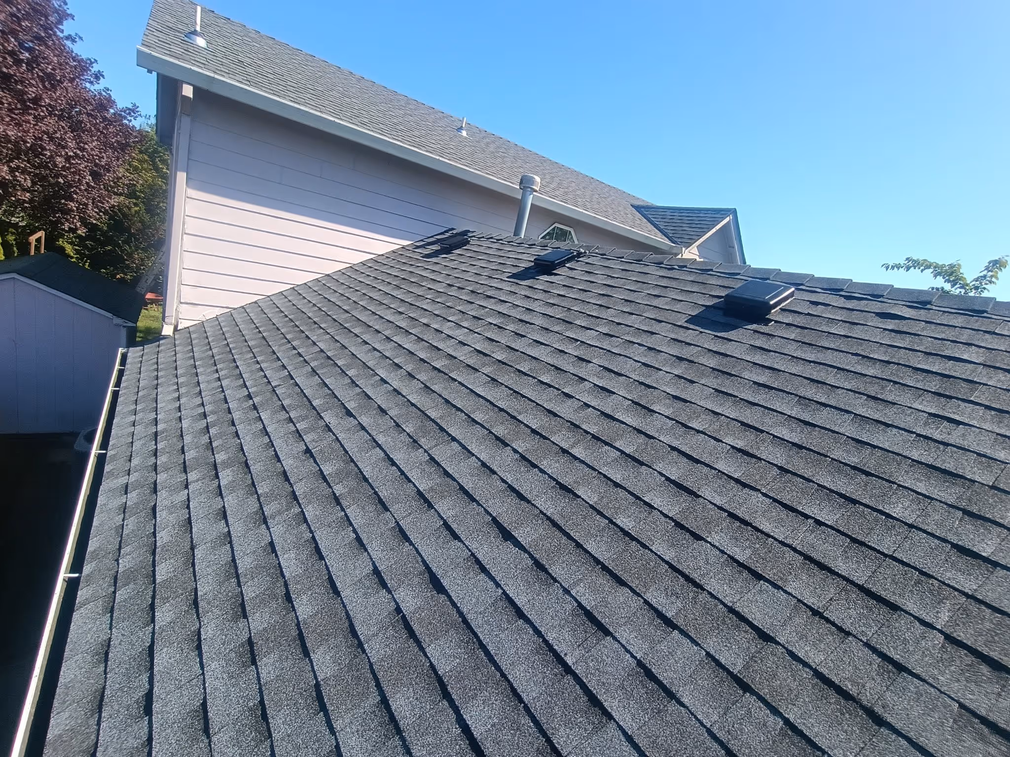 Close-up view of a clean gray asphalt shingle roof under clear blue sky with house siding and trees in the background.