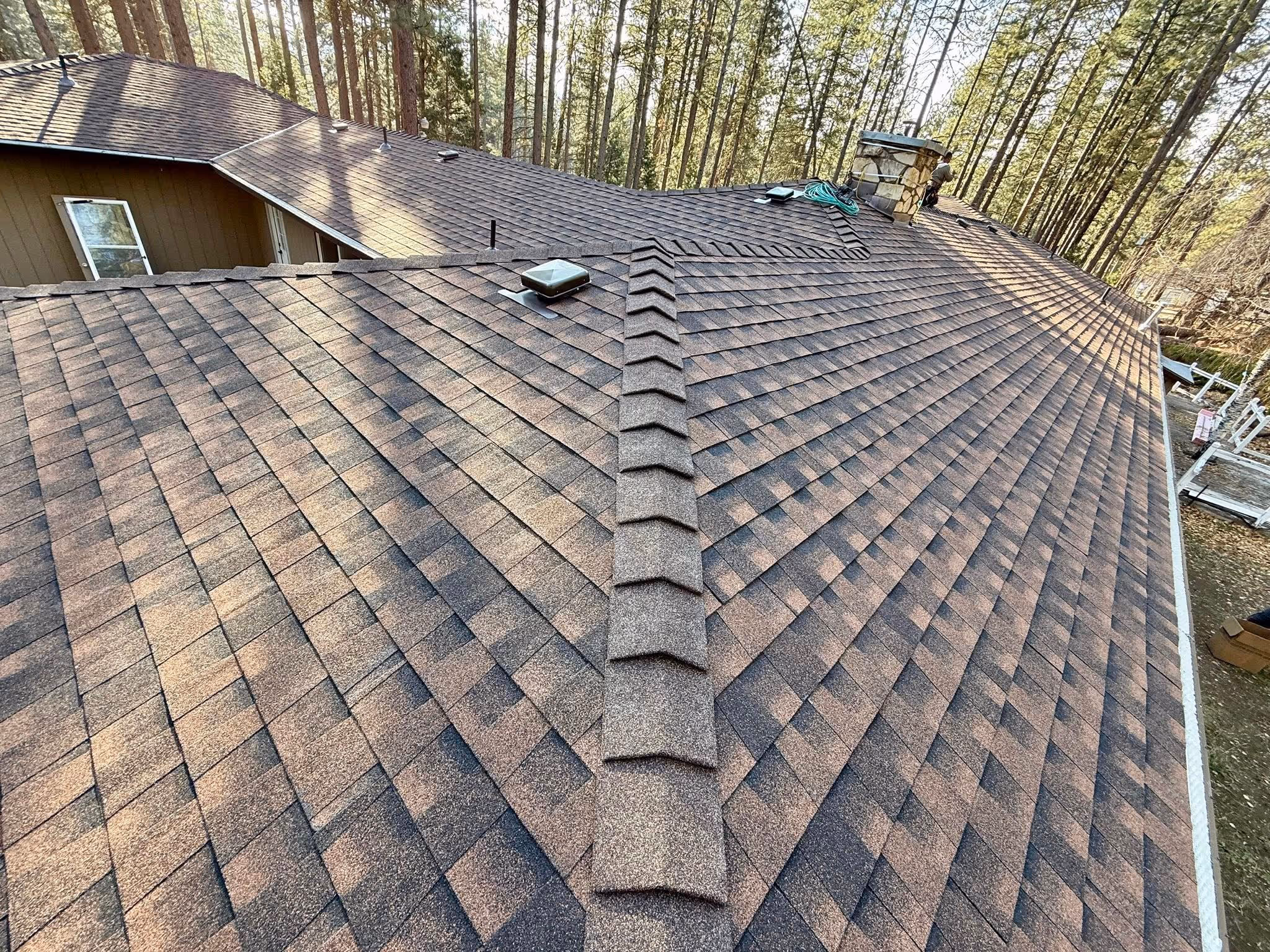 Wide view of a large roof covered with brown asphalt shingles, surrounded by tall pine trees and showing roof vents and a stone chimney.